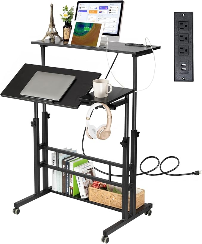 Hadulcet Stand Up Desk, Rolling Desk Adjustable Height, Mobile Standing Desk with Wheels & Charging Station, Portable Stand for Laptop, Rolling Computer Cart TV Tray, Small Standing Desk Drawing Table