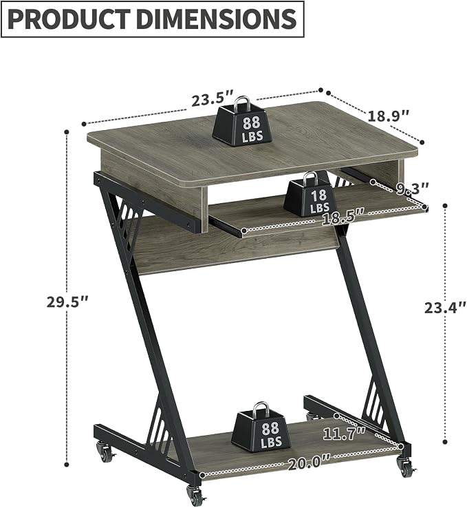 ALISENED Computer Desk for Small Spaces Compact Desk with Keyboard Tray | 23.6" Z-Shaped, with Wheels and Bottom Shelves, for Home Office, Computer Cart Mobile Laptop Cart, Grey