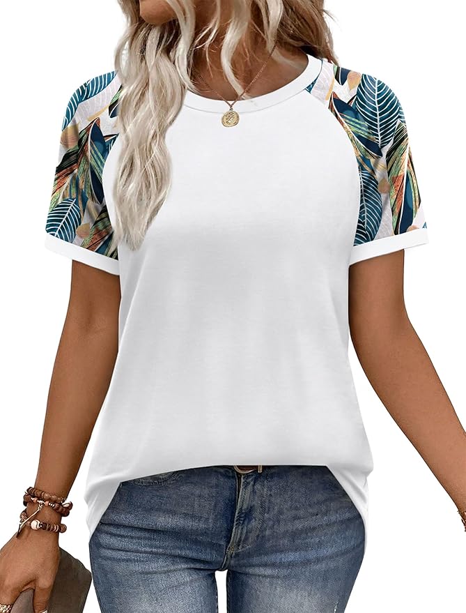 WIHOLL Womens Summer Tops Color Block Short Sleeve Raglan Shirts Spring Fashion Clothes Vacation Outfits