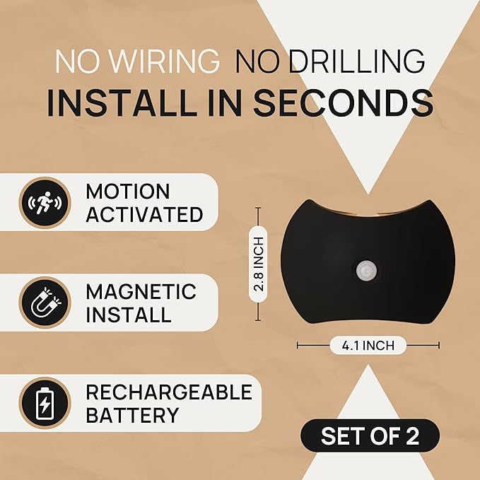 Battery Operated Wall Sconces Set of Two, Rechargeable Wireless LED Wall Lights — Motion Sensor, No Drill Magnetic Mount, 3 Modes, for Bedroom Hallway Stairs, Black