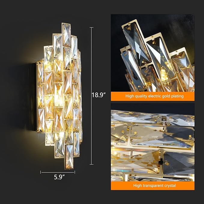 Modern Crystal Wall Sconces,Gold Wall Light Fixtures, Luxury Indoor Wall Lamp,Crystal Vanity Wall Mount Lamps,Wall Lighting for Living Room Bedroom Bathroom Bedside Hallway Stairway