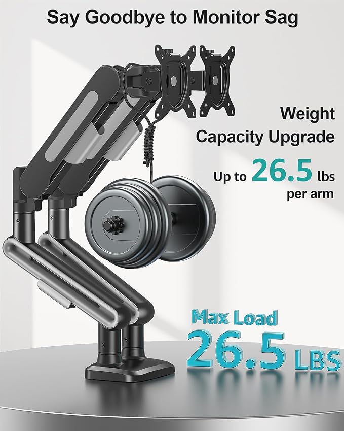 MOUNT PRO Dual Monitor Desk Mount, Pneumatic Monitor Arms for 2 Monitors Max 39 Inches, Adjustable Dual Computer Monitor Stand Each Arm Holds up to 26.5lbs, VESA Mount with C Clamp & Grommet Base