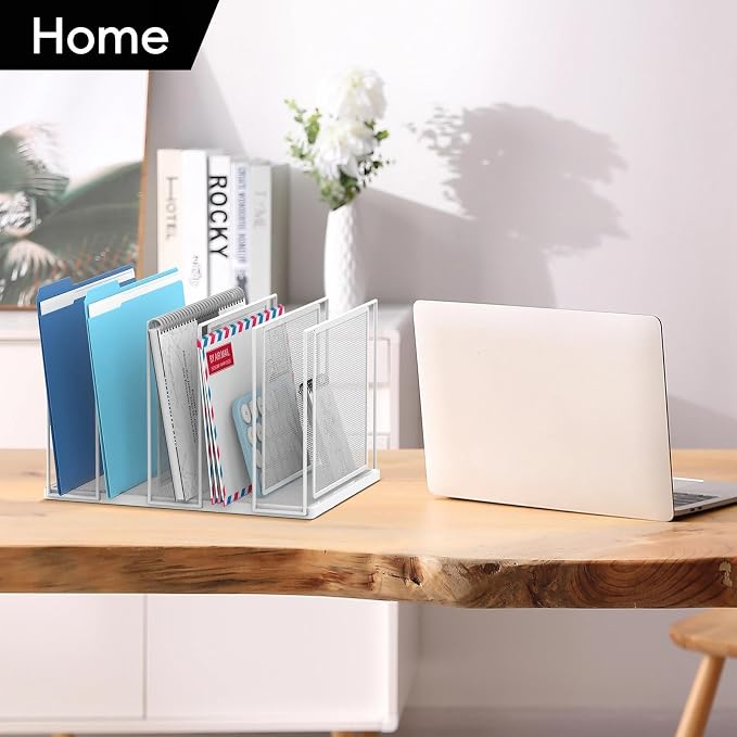File Organizer for Desk, 5-Section Vertical File Sorter, Paper Holder Organizer Standing Metal File Folder for Office Home Classroom, White