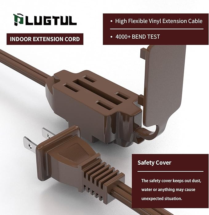 PLUGTUL Indoor Brown Extension Cord 9 Feet, 3-Outlet Household Extension Cord, 2 Prong, 16Gauge, 3 Polarized Outlets with Safety Cap Protect for Home Office, 16/2 SPT-2 ETL Listed