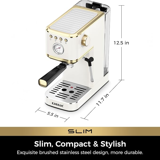CHULUX Slim Espresso Machine with Milk Frother for Home Latte, White & Gold | Precise Pressure Gauge, Food-Grade Materials, 20 Bar Italian Pump, Professional Temperature Control System, Stainless Steel