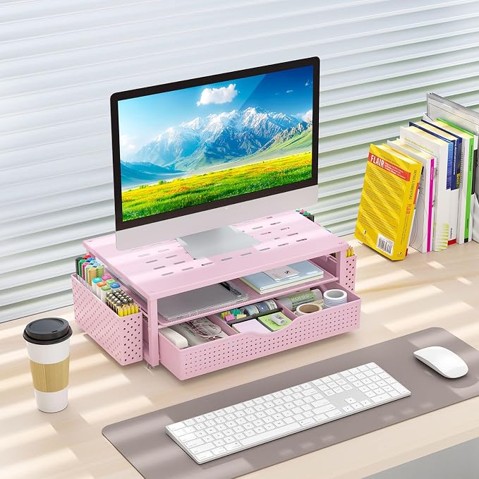 gianotter Desk Organizers and Accessories, Monitor Stand with Drawer and 2 Pen Holder, Desktop Organizer Suitable for Offices and Dormitories (Pink)