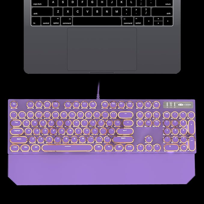 Camiysn Typewriter Style Mechanical Gaming Keyboard, Purple Retro Punk Gaming Keyboard with White Backlit, 104 Keys Blue Switch Wired Cute Keyboards, Round Keycaps for Windows/Mac/PC