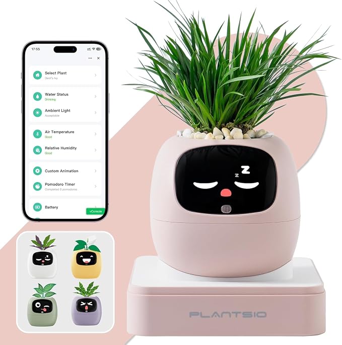 Smart Plant Pot with Visual Display – Soil Moisture, Water Level, Light & Battery Monitor, 80ml Self-Watering Reservoir, Supports 50+ Plants, Pomodoro Timer, Clock & Calendar (Blush)