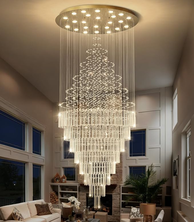 W47 x H120 Crystal LED Chandelier with Light Bulbs Luxury Raindrop High Ceiling Chandeliers for Entryway Villa Staircase Foyer Living Room Lighting Fixtures Gold