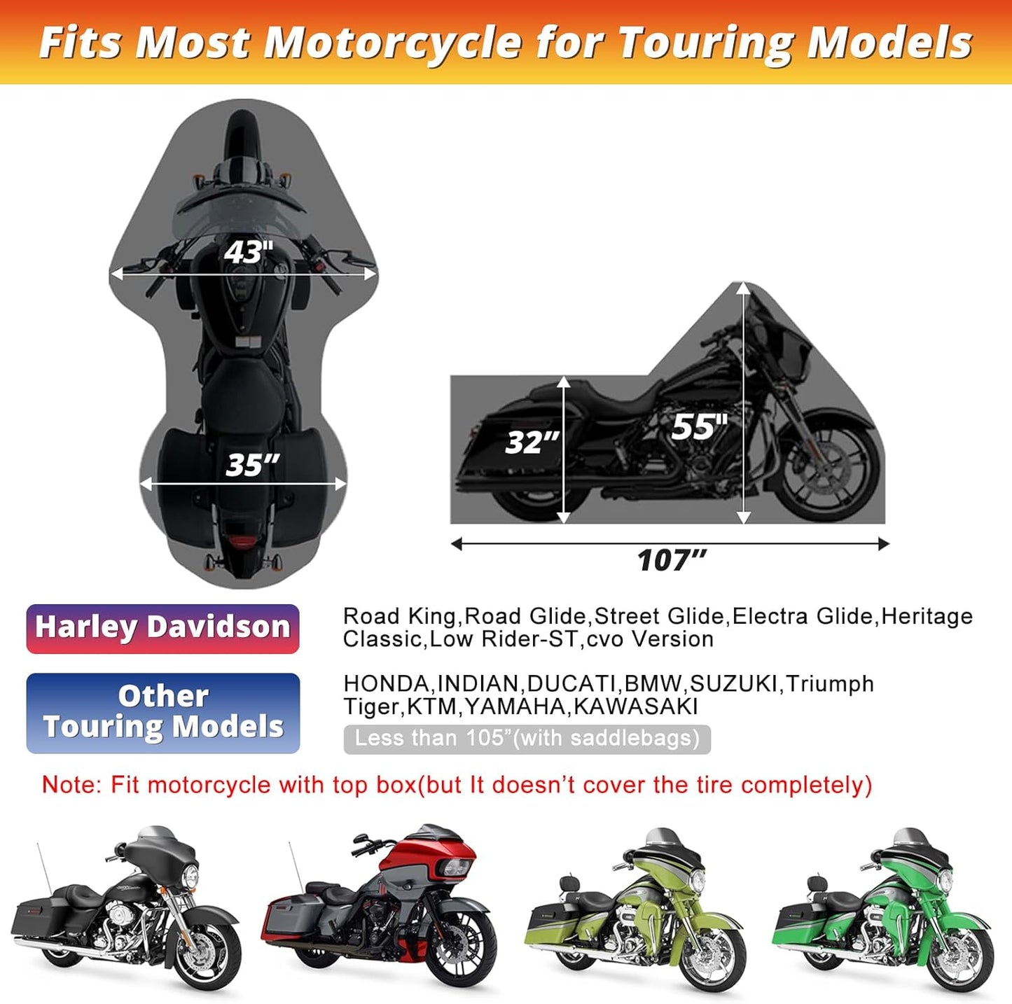 XYZCTEM Motorcycle Cover for Touring Models Harley Davidson Road King Road Glide Street Glide Electra Glide Low Rider-ST Indoor & Outdoor All Weather Protect from Dust Sunlight Rain, Black
