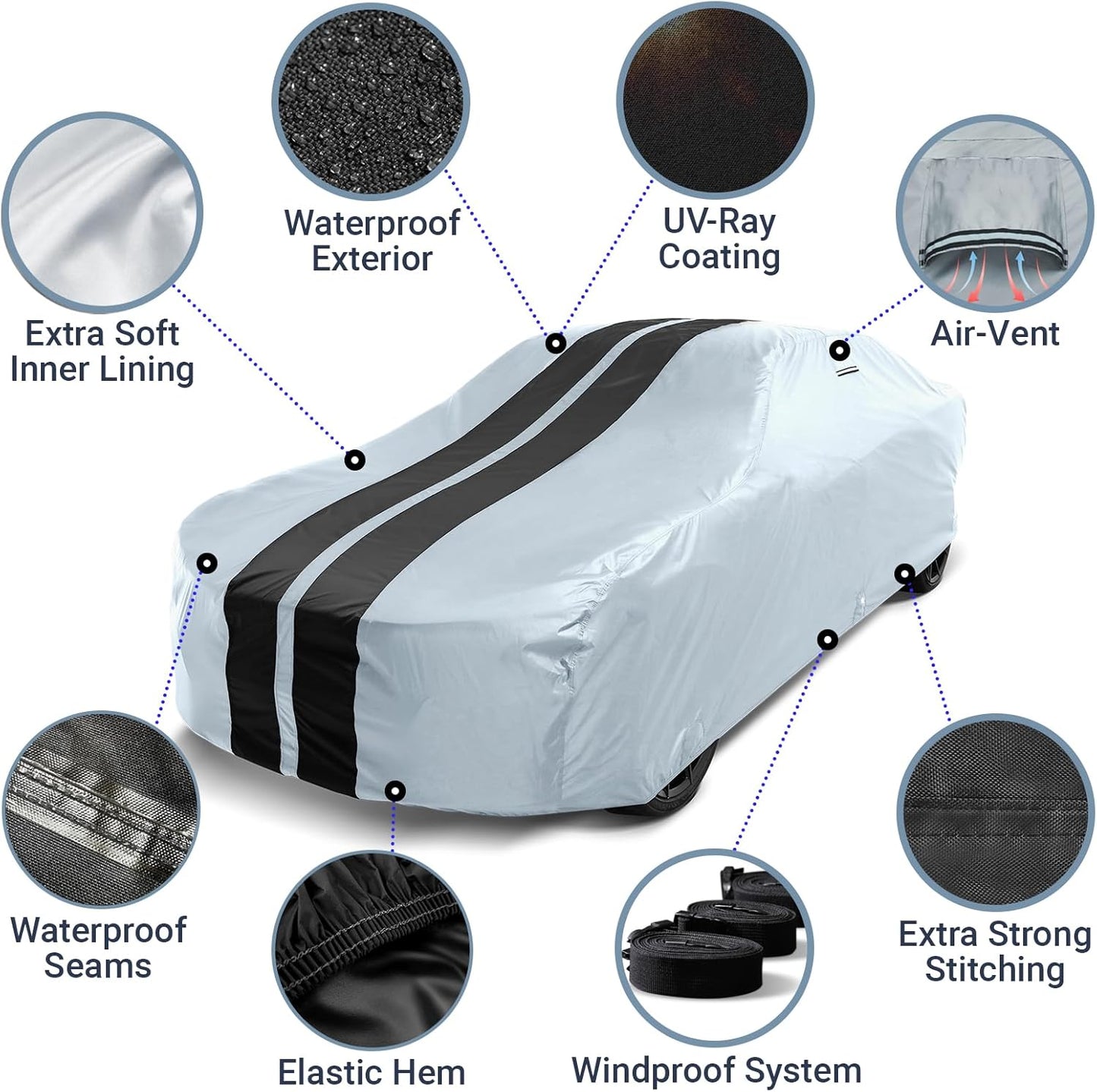 iCarCover Custom Car Cover for Chevy Biscayne (1958-1972) Waterproof All Weather Rain Snow UV Sun Protector Full Exterior Indoor Outdoor Car Cover (Stripe - Gray/Black)