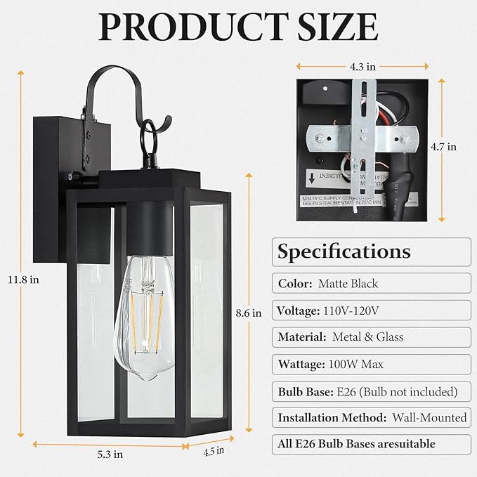 2 Pack 11.8-inch Dusk to Dawn Outdoor Wall Lights, Black Exterior Light Fixture with Clear Tempered Glass, IP65 Waterproof All-Metal Sconce for Porch, Front Door, Garage