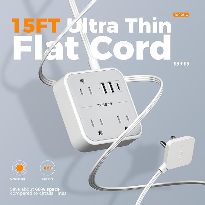 Extension Cord Flat Long Power Strip 15 FT, TESSAN Surge Protector Power Strip with USB Ports (1 USB C), Flat Wall Outlet Extender with 3 Outlets for Home, Office, School, Dorm Room Essentials