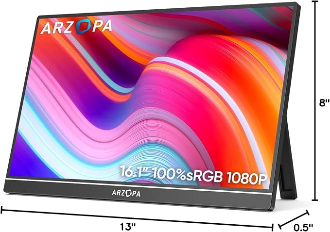 ARZOPA 16.1" Portable Monitor, 100% sRGB FHD 1080P Kickstand Portable Laptop Monitor High Color Gamut Display IPS Eye Care Screen for High-end Office & Entertainment -Z1C