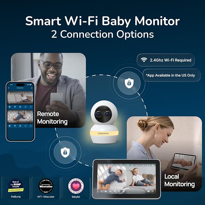Babysense Touch 7" Touchscreen Smart WiFi Baby Monitor with App, Camera and Audio, Night Light, 4MP Dual-Lens with 6X Zoom, AI Auto Tracking, Focus Area, Split-Screen, VOX/ECO Mode, No Subscription