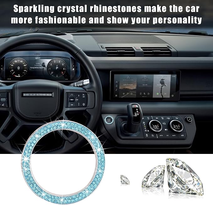 Kewucn Bling Crystal Double Rhinestone Car Engine Start Decoration Ring, Sparkling Push Start Button Sticker, Key Ignition & Knob Ring Decoration, Bling Car Interior Accessory (Lake Blue)