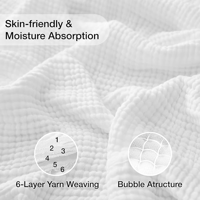 100% Cotton Muslin Blanket Large 50" x 70", 6 Layers Breathable and Lightweight Cotton Blankets for Bed and Couch, Quilt Bedspread, Gauze Throw for Adults, White