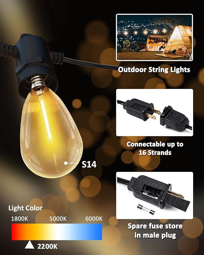 String Lights for Outside Patio 26FT IP65 Waterproof Outdoor String Lights Led with 13+1 S14 1W Shatterproof Bulbs for Patio Bistro Backyard Pergola Balcony Garden