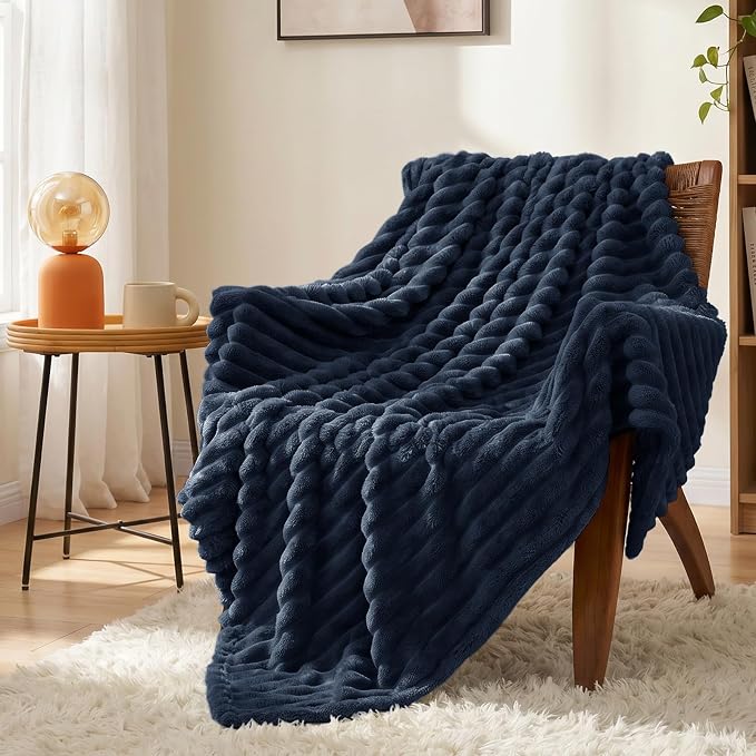 Navy Blue Twin Blanket for Bed & Couch, 60 x 80 Inch | 300GSM Ribbed Fleece Blanket, Soft, Cozy & Lightweight, OEKO-TEX Certified, All-Season Use for Travel, Dorm & Home Decor