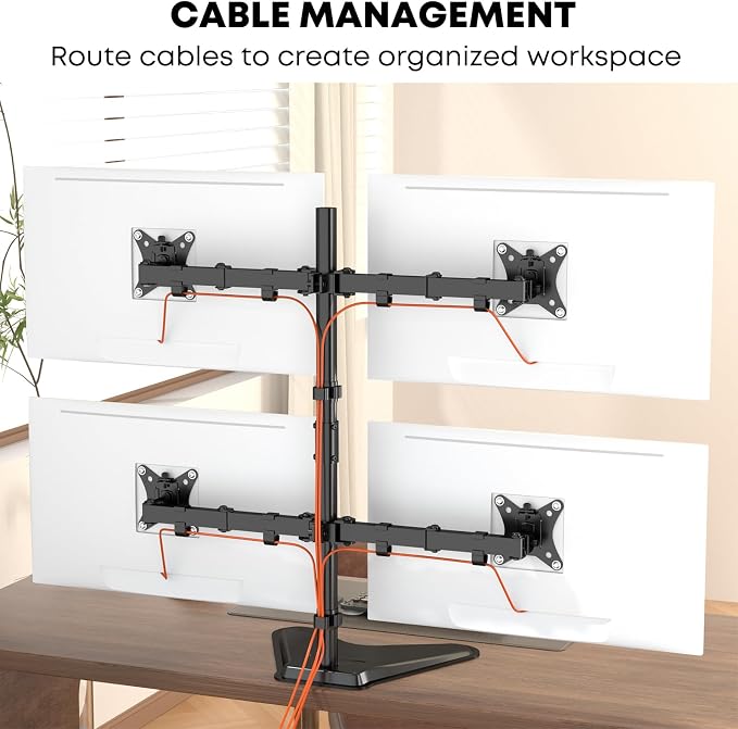 PUTORSEN Quad Monitor Stand for 4 Screens, 17-32", 19.8 lbs Each | Stacked 4-Screen Desk Mount with Full-Motion Arms, VESA 75/100, Tilt, Swivel & Rotation, Larger Base with Phone Slot, Black