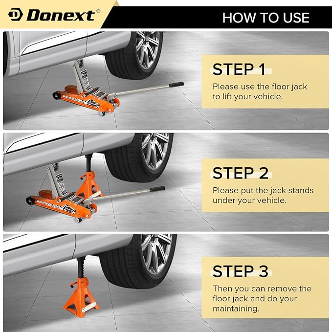 Donext Jack Stands 3 Ton (6,500 lb) Capacity Steel, 1 Pair Orange Lifting Stand Adjustable Jack Stands
