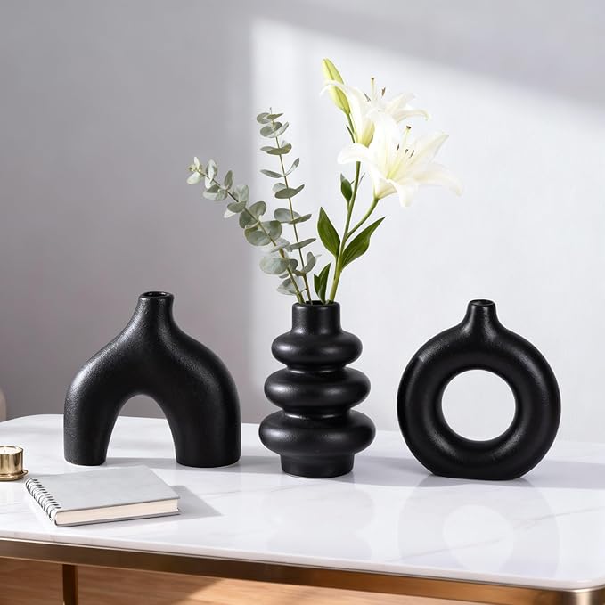 Ceramic 3 Pcs Vase Set,Modern Home Decor Table Centerpiece,Minimalist Nordic Vases, Wedding, Living Room, Bookshelf, Office, Modern Home, Entryway Boho Decor (Black)