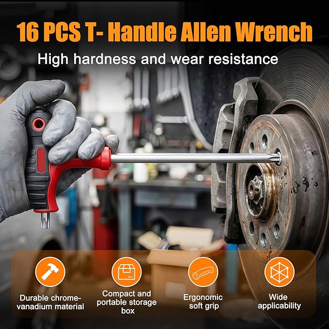 16PCS T Handle Allen Wrench Set, Heat-Treated Hex and Torx Wrench Set with Case, Metric Long Arm Hex Key Set for Basic Home Repair and Mechanical Maintenance