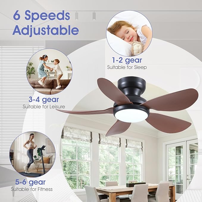 36 Inch Modern Ceiling Fans with Lights, Small Flush Mount Ceiling Fan with Light and Remote/APP Control, 5 Reversible 6 Speeds Curved Blades, 3 CCT Dimmable Lights for Kids Room, Brown