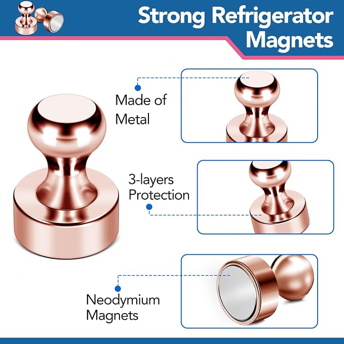 LOVIMAG Fridge Magnets 18Pcs for Refrigerator Whiteboard, Rose Gold | Small Strong Neodymium Metal Cute Push Pin for Classroom, Kitchen, Accessories Decorative, Office, Calendar