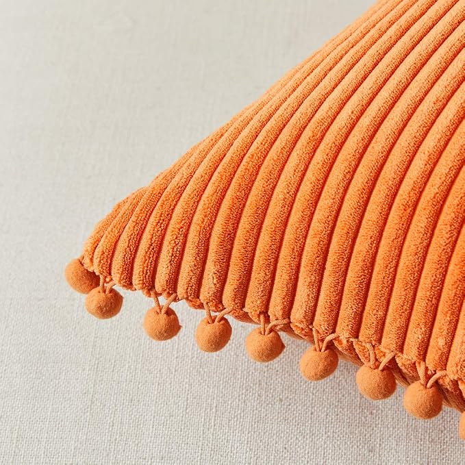 Fancy Homi Set of 2 Orange Decorative Throw Pillow Covers 14x14 Inch with Pom-poms for Couch Bed Sofa, Modern Farmhouse Boho Home Decor, Soft Plush Corduroy Cute Cushion Case 35x35 cm