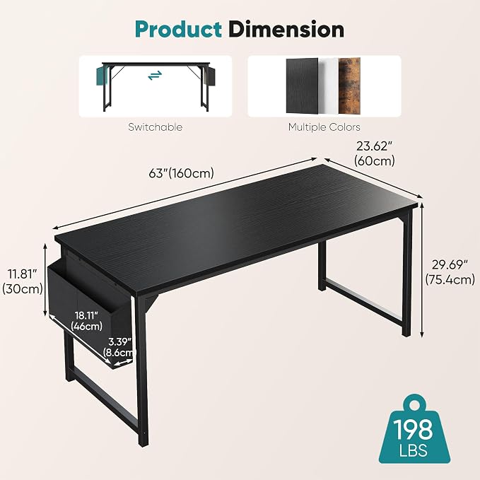 OLIXIS Computer Desk, 63 Inch Gaming Desks for Home Office Small Spaces | Writing Study Craft Work Table, Computer Workstation for Bedroom with Storage Bag, Black