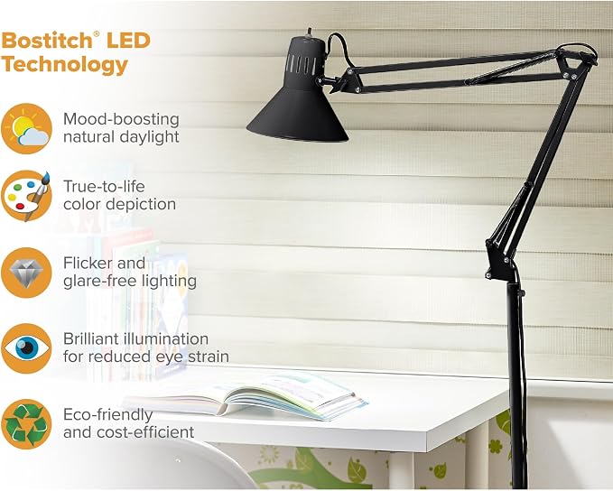 Bostitch Office VLF100F Swing Arm Metal Floor Lamp, 72" Tall with Multi-Joint Adjustment, Includes Replaceable LED Bulb (VLF), Black