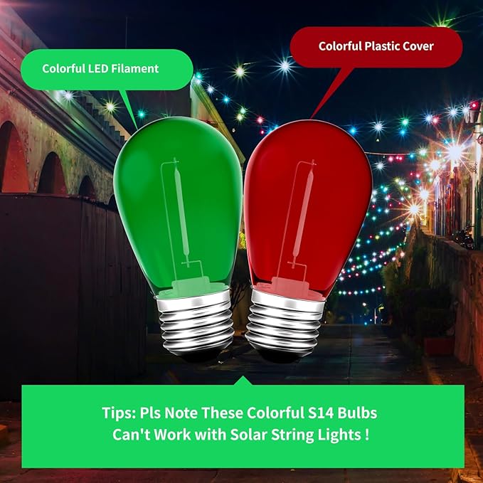 Meconard S14 Colored LED String Light Bulbs,1 Watt Plastic Shatterproof Waterproof Outdoor Indoor Replacement Bulbs for Home Decor, E26 Medium Base, Red Green Light Bulbs, 15Pack