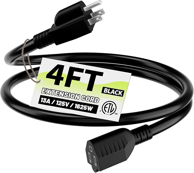 16/3 Black Indoor Outdoor Extension Cord 4 Ft Waterproof, Extension Cord with 3 Prong Grounded Plug,13A 1625W 16AWG SJTW, Flexible Weatherproof Power Cable