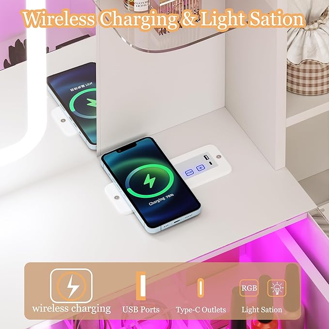 Vanity Desk with Mirror and LED Lights, 43" Makeup Vanity with Glass Top & Wireless Charging, Vanity with RGB Drawers, 3 Colors Light, Power Outlet Safety Switch for Bedroom, White