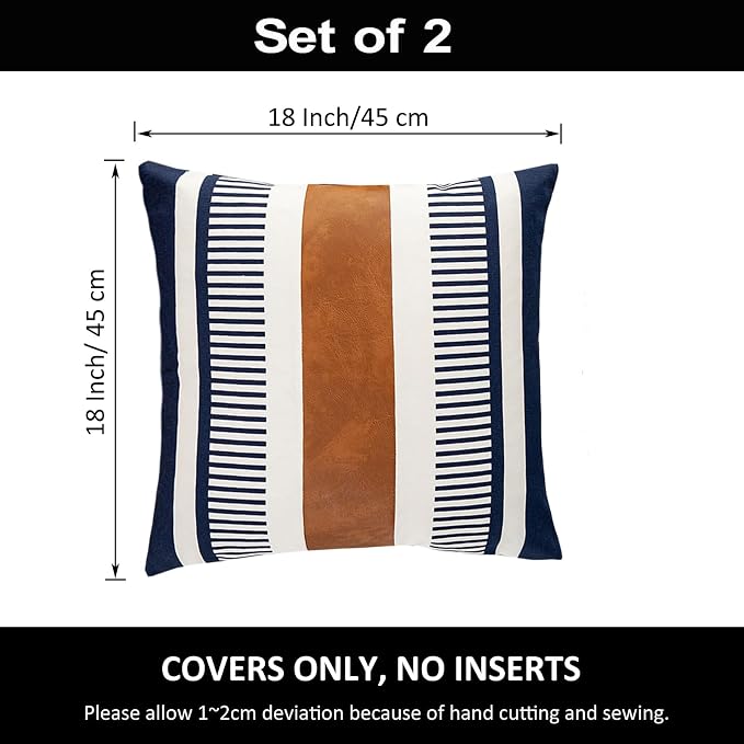 Pack of 2 Farmhouse Decorative Throw Pillow Covers for Couch Sofa Faux Leather and Cotton Patchwork Pillow Cover Boho Stripe Accent Cushion Cover 18 x 18 Inch, Navy Blue