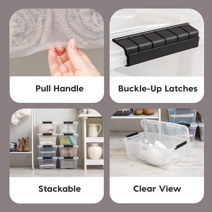 IRIS USA 13 QT Plastic Storage Box with Lid and Latches - 6 Pack - BPA-Free, See-Through Organizing Solution, Durable Nestable Stackable Containers, Secure Pull Handle - Clear