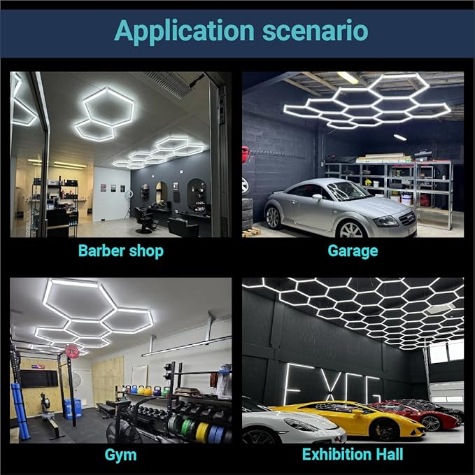 Hexagon Garage Lights Dimmable: Upgraded 3 Level 20% 50% 100% Dimmable 14 Hex Grid with Frame, 6500K Honeycomb Celling LED Garage Lights for Basement, Warehouse, Auto Beauty Car Detailing Shop
