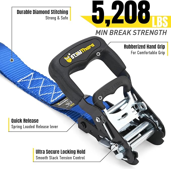 Stay There Heavy Duty Ratchet Tie Down Straps - 5208 Lbs Breaking Strength 1.6" x 8', Includes 4 Heavy Duty Ratchet Padded Handles – Coated Deep S-Hook & Carry Bag (Blue)