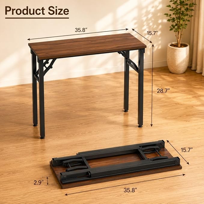 Folding Table Computer Desk - 35.8" No Assembly Folding Desk Design and Foldable Office Desk, Small Desk for Bedroom, Compact Storage Portable Use for Dorm and RV Small Space, Dark Walnut