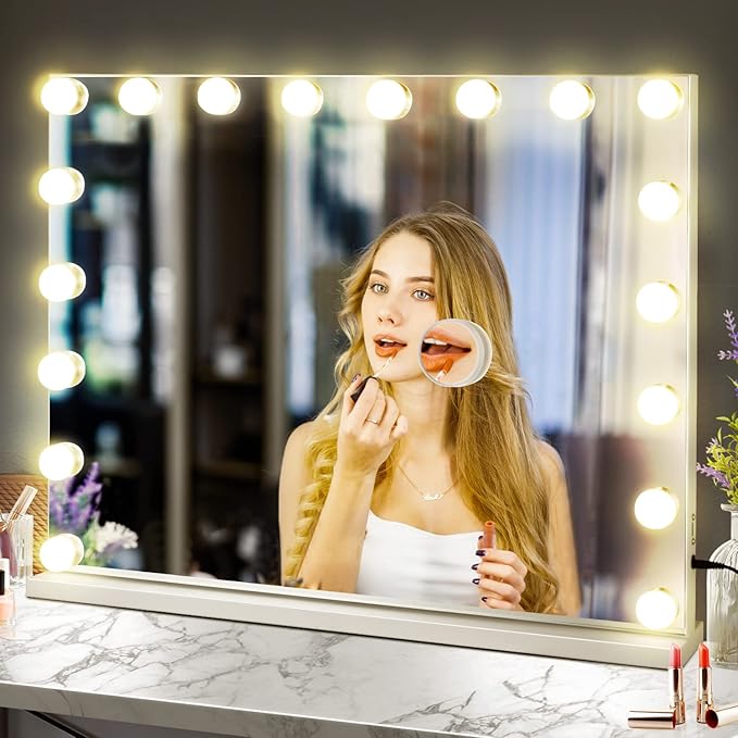 M MIVONDA Hollywood Vanity Mirror with 18 Bulbs Lights, Large Lighted Makeup Mirror for Desk and Wall, Dimmable 3 Lighting Modes, Plug-in & USB Charger Port, White