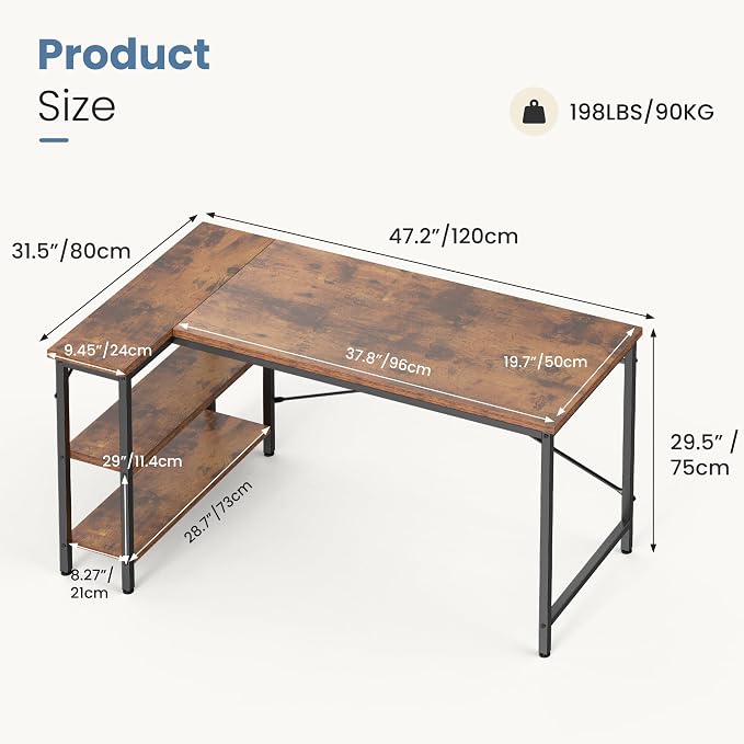 DUMOS 47 Inch L Shaped Desk, Computer Gaming Corner Desks with Shelves | Home Office PC Table, Writing Working Study Desk for Bedroom Dorm, Reversible Design, Rustic Brown