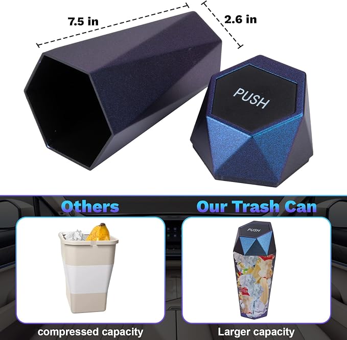 BFXM Car Trash Can, 2 Pack Car Trash Bin with Lid, Car Accessories for Women Interior, Car Garbage Can with Additional 2 ABS Hooks and 60pcs Trash Bags, Suitable for Home, Office, Car Organizer