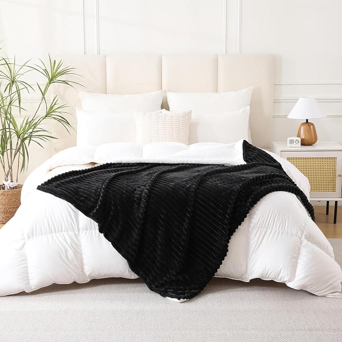Black Sherpa Fleece Throw Blanket 60”×80” for Couch Sofa Bed | Double Side Soft Fuzzy Cozy Plush Thick Flannel Blanket with Striped Design Gift for Adults,Woman