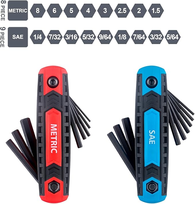 17-Piece Premium Folding Hex Key Wrench Set, Metric 1.5mm - 8mm, SAE 5/64” - 1/4” | Cr-V Steel, Precise and Chamfered Tips | 2 Pack All-Purpose Allen Wrench Tools with Portable and Compact Design