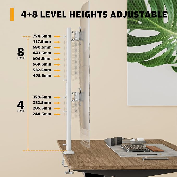 Hemudu Dual Monitor Articulating Desk Mount Arm Stand - Vertical Stack Screen Supports Two 13 to 34 Inch Computer Monitors with C Clamp White
