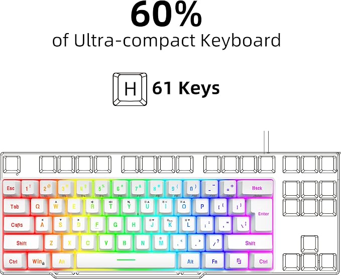 Snpurdiri 60% Wired Gaming Keyboard, 61 Keys RGB Backlit Wrist Rest Ultra-Compact Mini Waterproof Keyboard for PC Computer Gamer (White) | Backlit Ultra-Compact Mini Gaming Keyboard for PC Computer Gamer