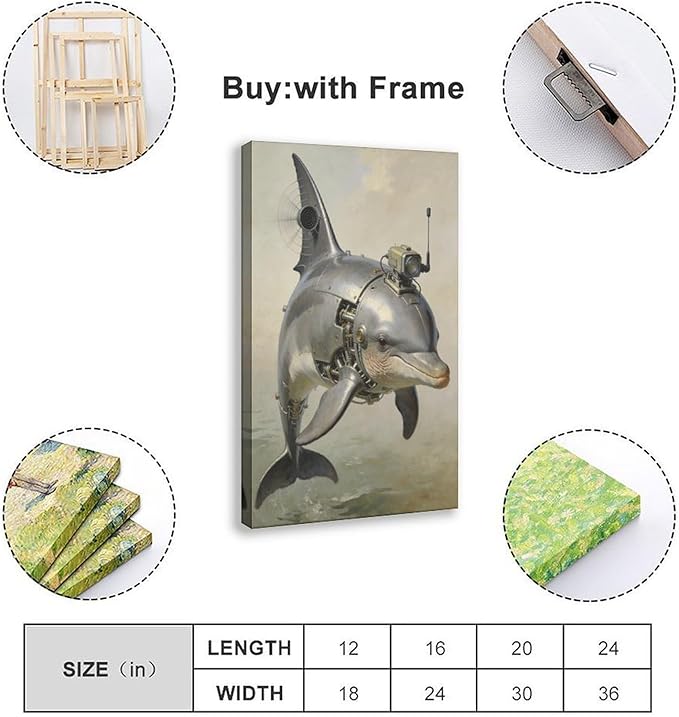 Framed Steampunk Mechanical Dolphin Wall Art - Marine Retro-Futuristic Poster for Beach House Living Room Decor 16x24inch(40x60cm)