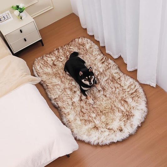63 Inch Faux Fur Dog Bed for Large/Medium Dogs Orthopedic Beds with Fluffy Faux Fur & Soft Memory Foam for Joint Pain Relief, Machine Washable and Waterproof Dog Couch Beds White with Brown ﻿