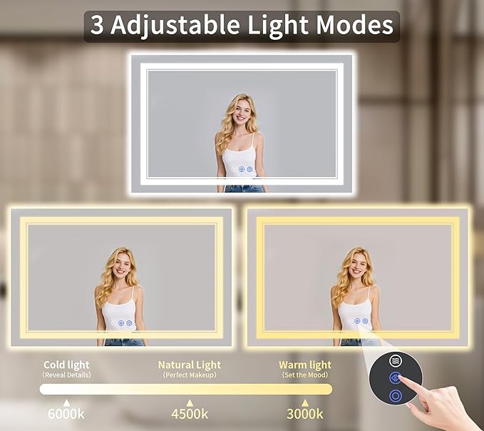 28"x60" LED Bathroom Mirror with Lights, Anti-Fog, Backlit + Front Lit, Dimmable, Led Vanity Mirror for Wall, Lighted Bathroom Mirror, 3 Colors, Shatter-Proof Tempered Glass